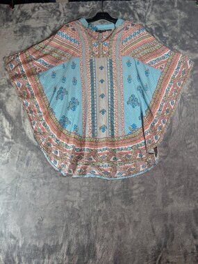 Boho Floral Modal Butterfly Kaftan Top S Turquoise Coral Poncho Tolani Collectio